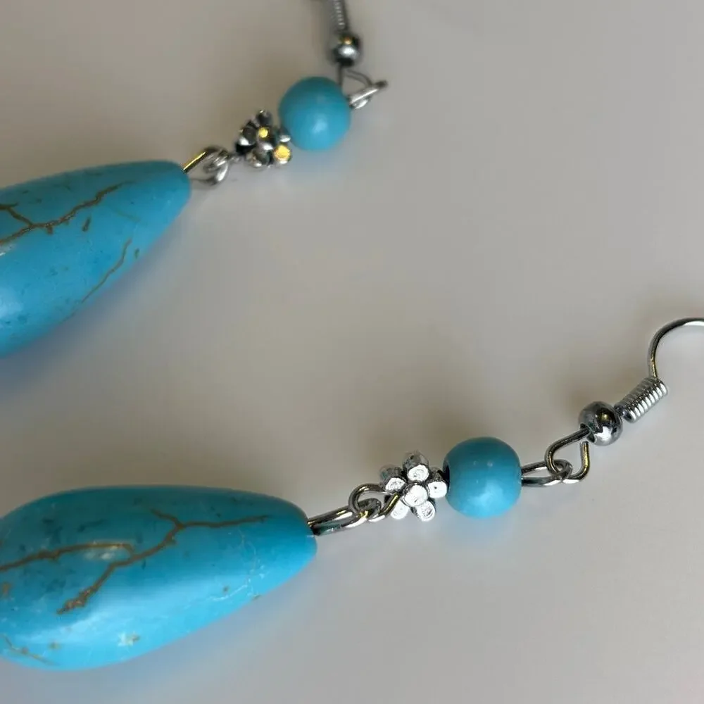 Turquoise Silver Tone Faux Western Boho Southwestern Cowgirl Earrings NEW